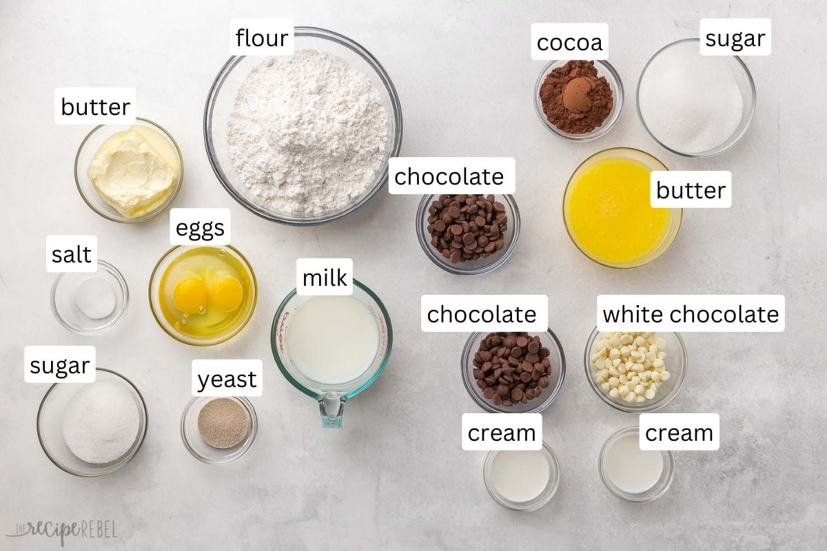 ingredients for chocolate monkey bread in glass bowls.