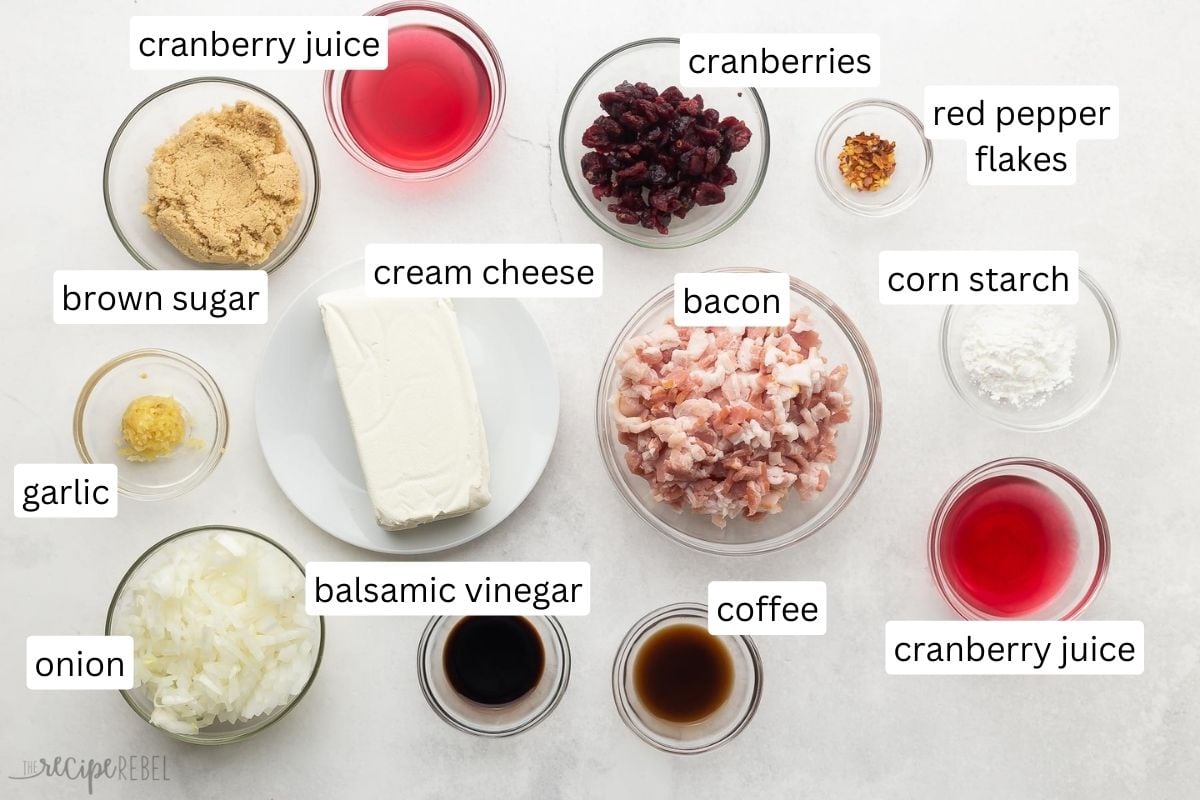 ingredients needed for cranberry bacon jam cream cheese in glass bowls.