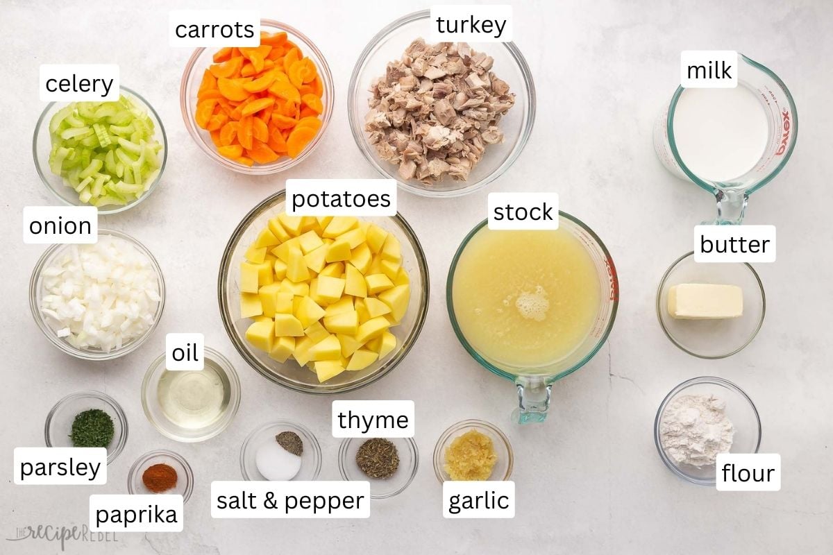 ingredients for leftover turkey soup in glass bowls.