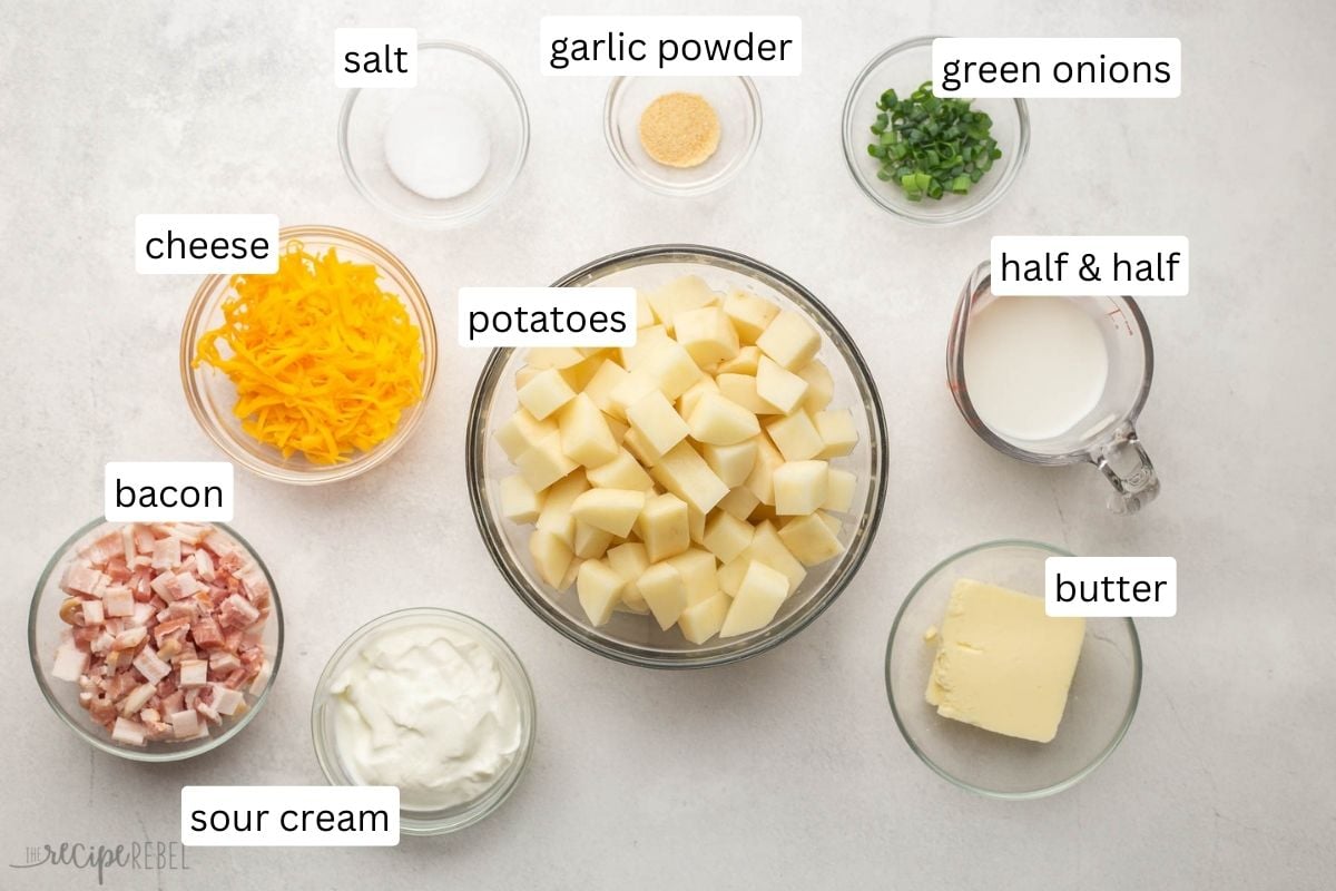 ingredients for loaded mashed potatoes in glass bowls.