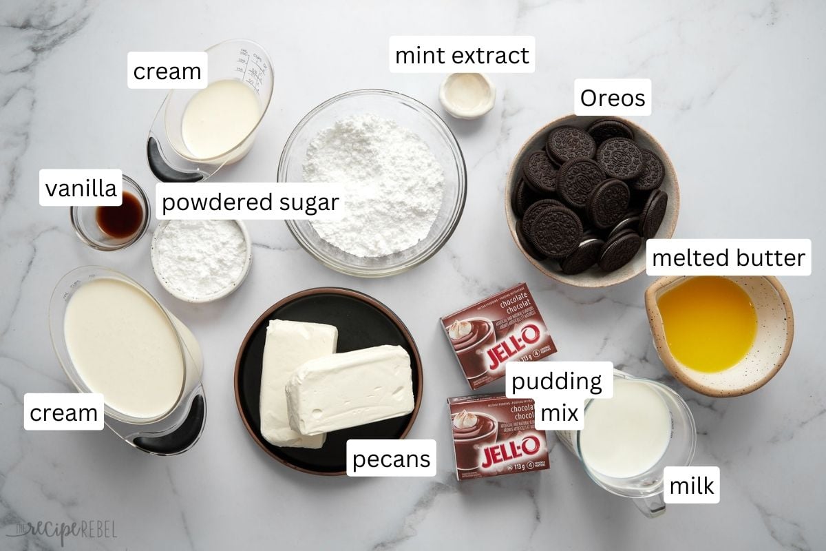 Top view of ingredients for mint chocolate lasagna in bowls.
