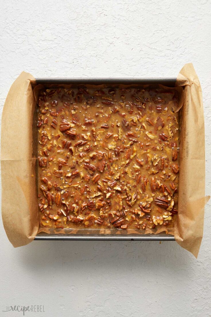 Top view of pecan pie bar mix in a baking tray.