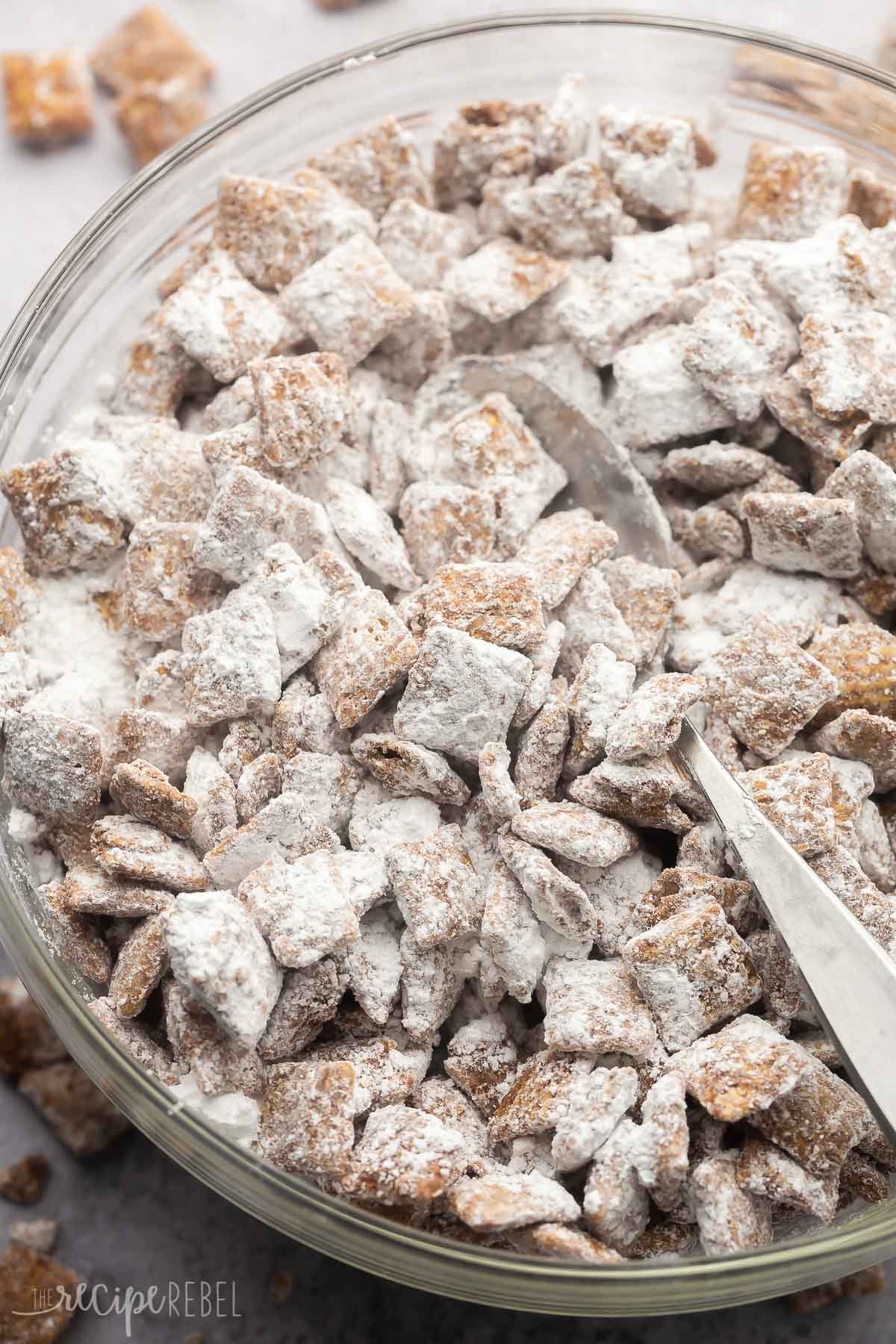 puppy chow in a glass bowl on a grey surface with puppy chow around bowl.