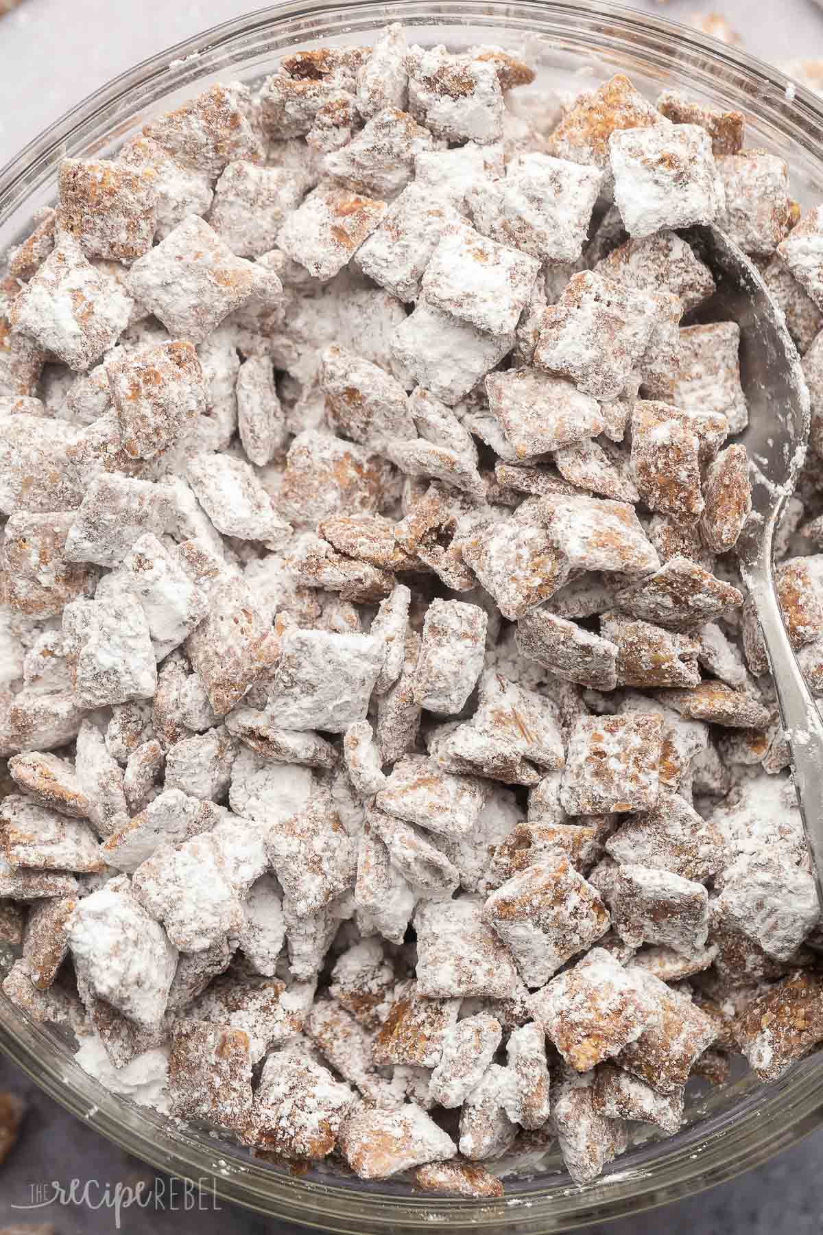 overhead view of puppy chow in a glass bowl.