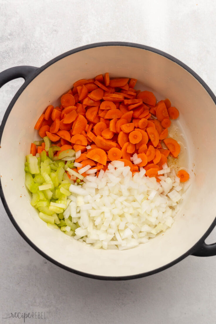 large pot on grey surface with chopped vegetables inside.