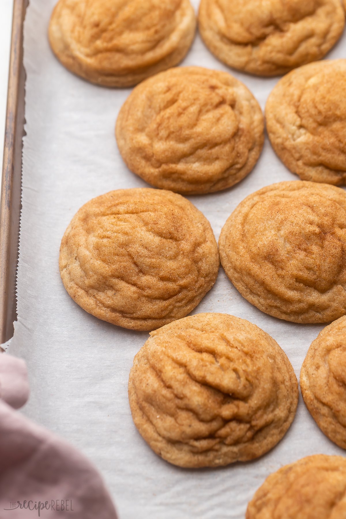 close up of chai cookies on parchment paper in pan.