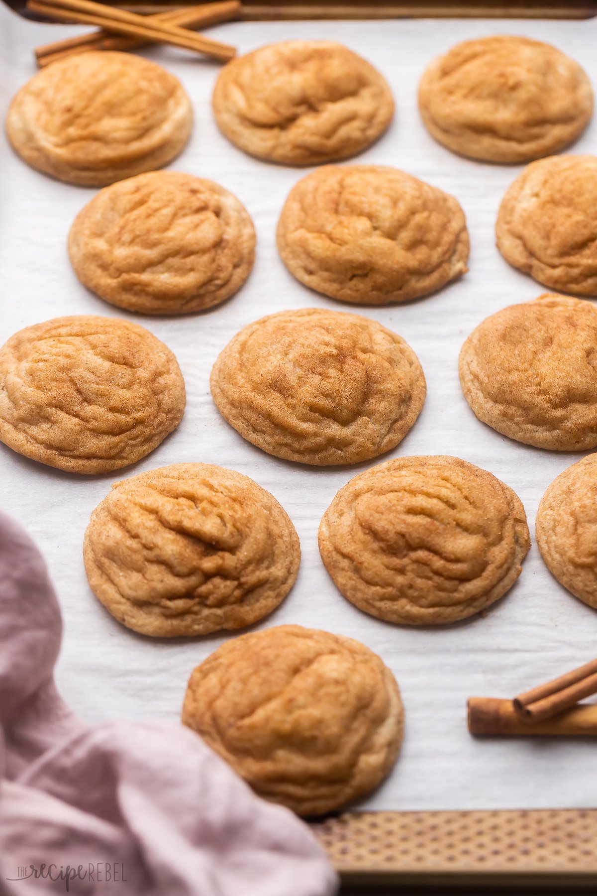 pan of freshly baked chai cookies with cinnamon sticks lying beside.