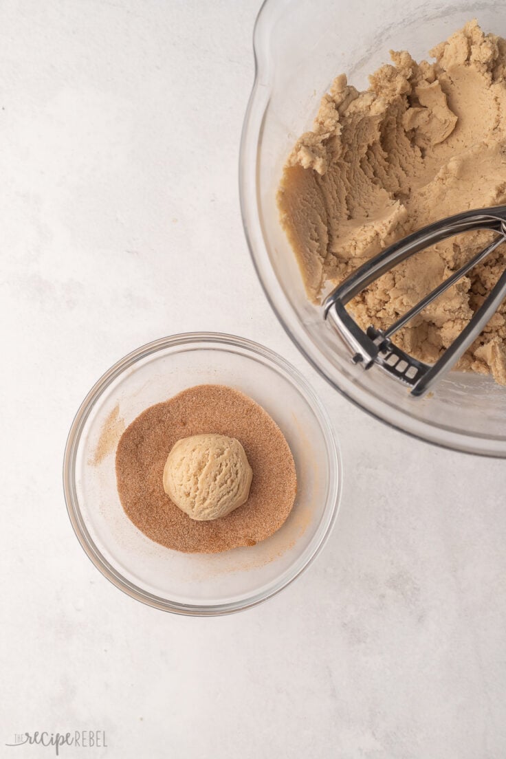 cookie sized dough ball lying in a small bowl with cinnamon and sugar.