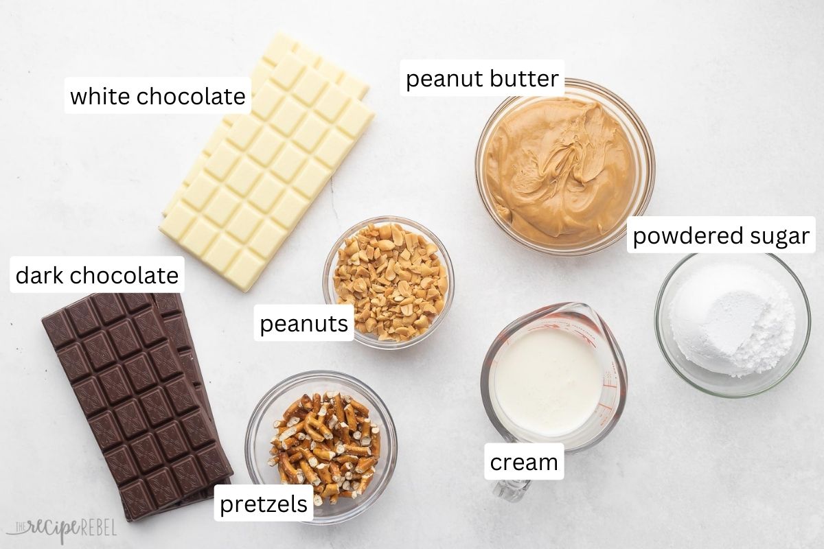 Top view of ingredients needed to make Chocolate Peanut Butter Pretzel Candies.