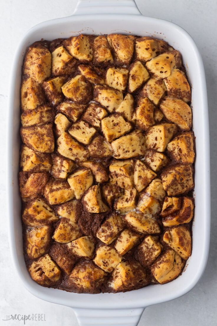 Top view of Cinnamon Roll Casserole before baking.