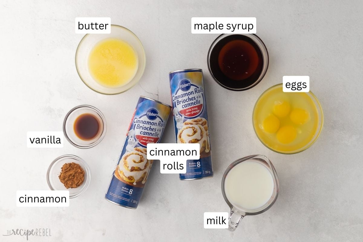 Top view of ingredients needed to make Cinnamon Roll Casserole.
