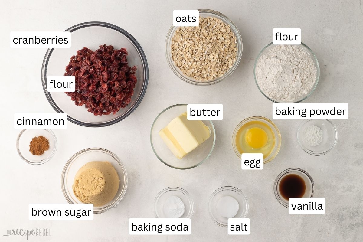 Top view of ingredients needed to make cranberry oatmeal cookies in glass bowls.