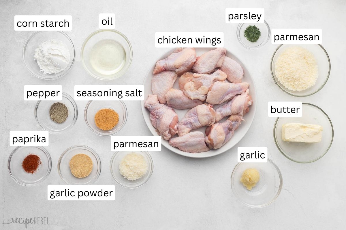 Ingredients for Garlic Parmesan Chicken Wings.