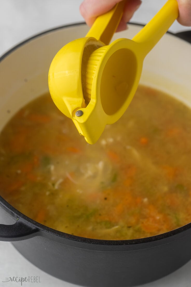 lemon juicer squeezing lemon juice into pot of soup.