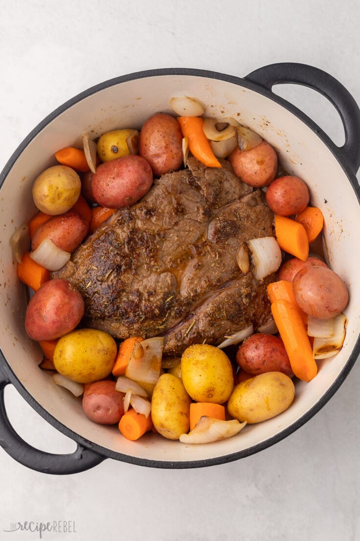 Top view of Pot Roast in a Dutch Oven.
