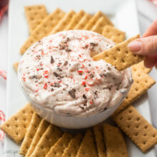 close up shot of a graham cracker scooping peppermint bark cheesecake dip out of bowl.