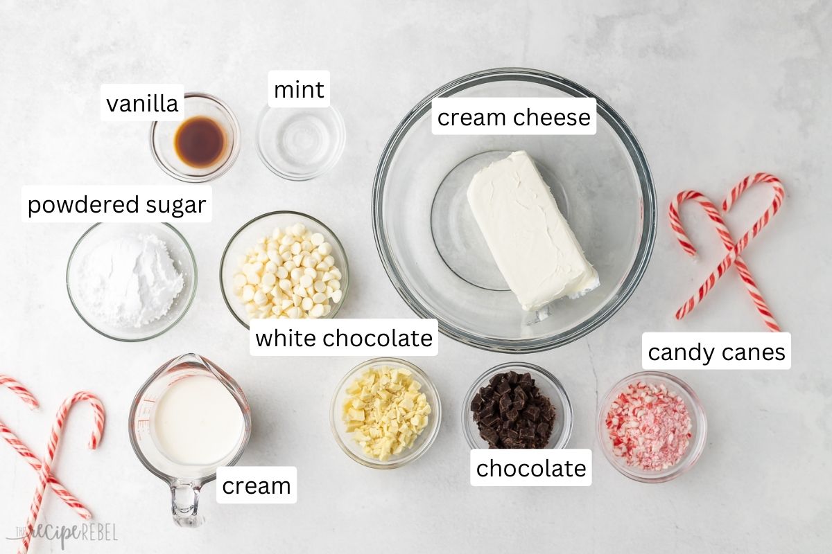 ingredients for peppermint bark cheesecake dip in glass bowls.