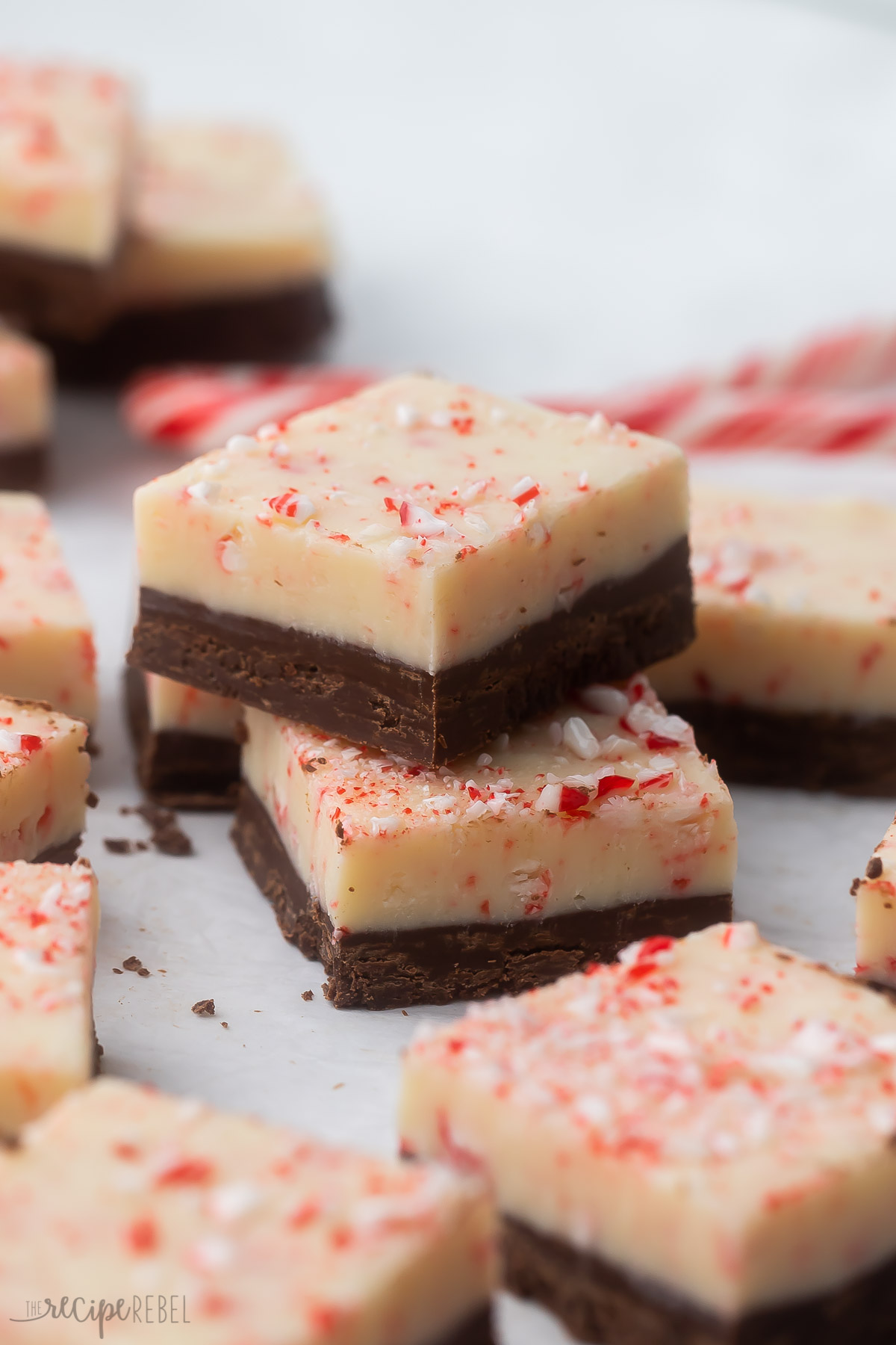 Close-up of a stack of Peppermint Bark Fudge.