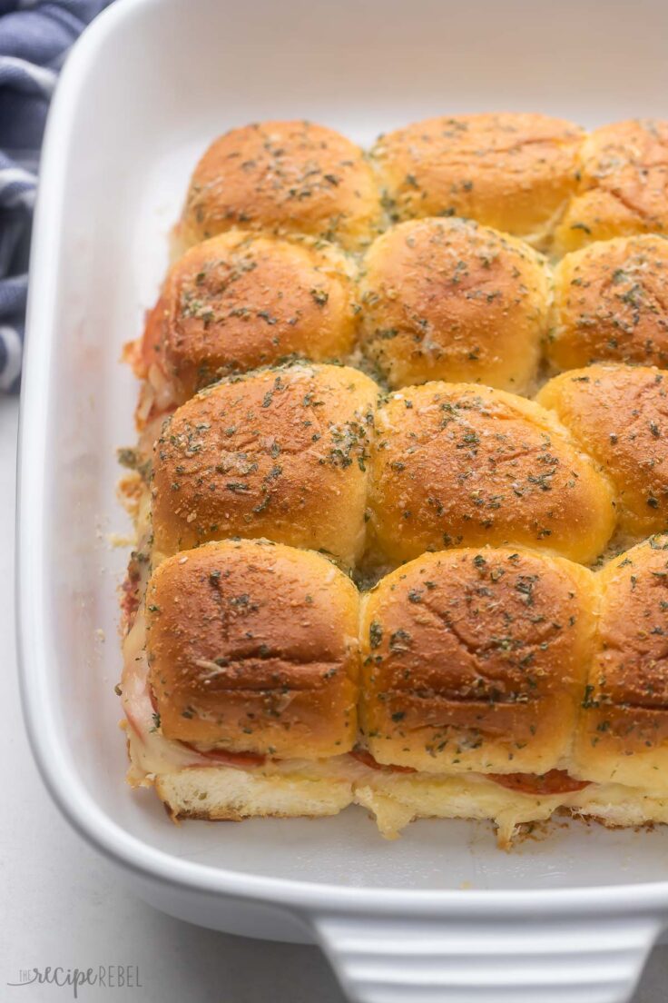 Pizza Sliders in a white dish.