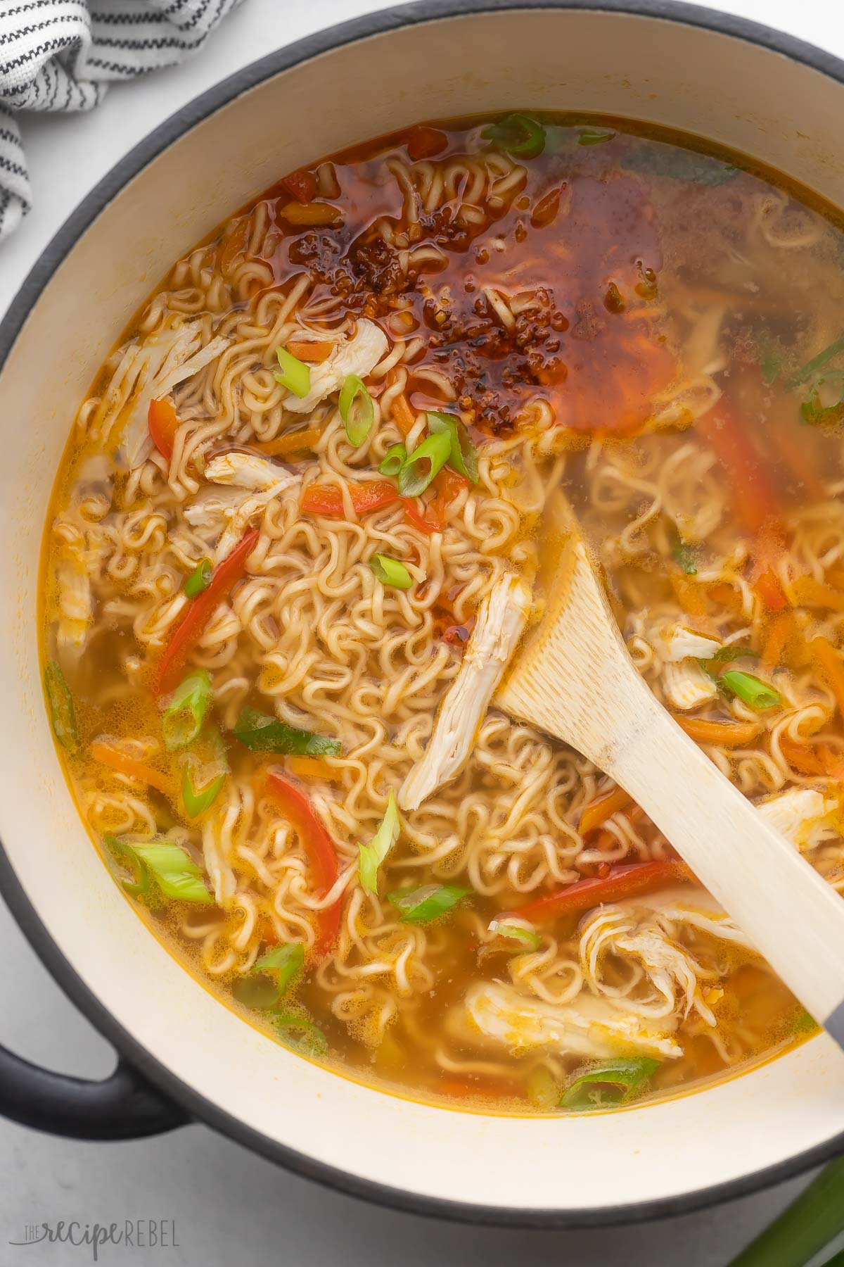 Top view of Ramen Noodle Soup in a pot.