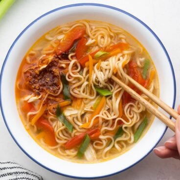 Top view of Ramen Noodle Soup in a bowl.