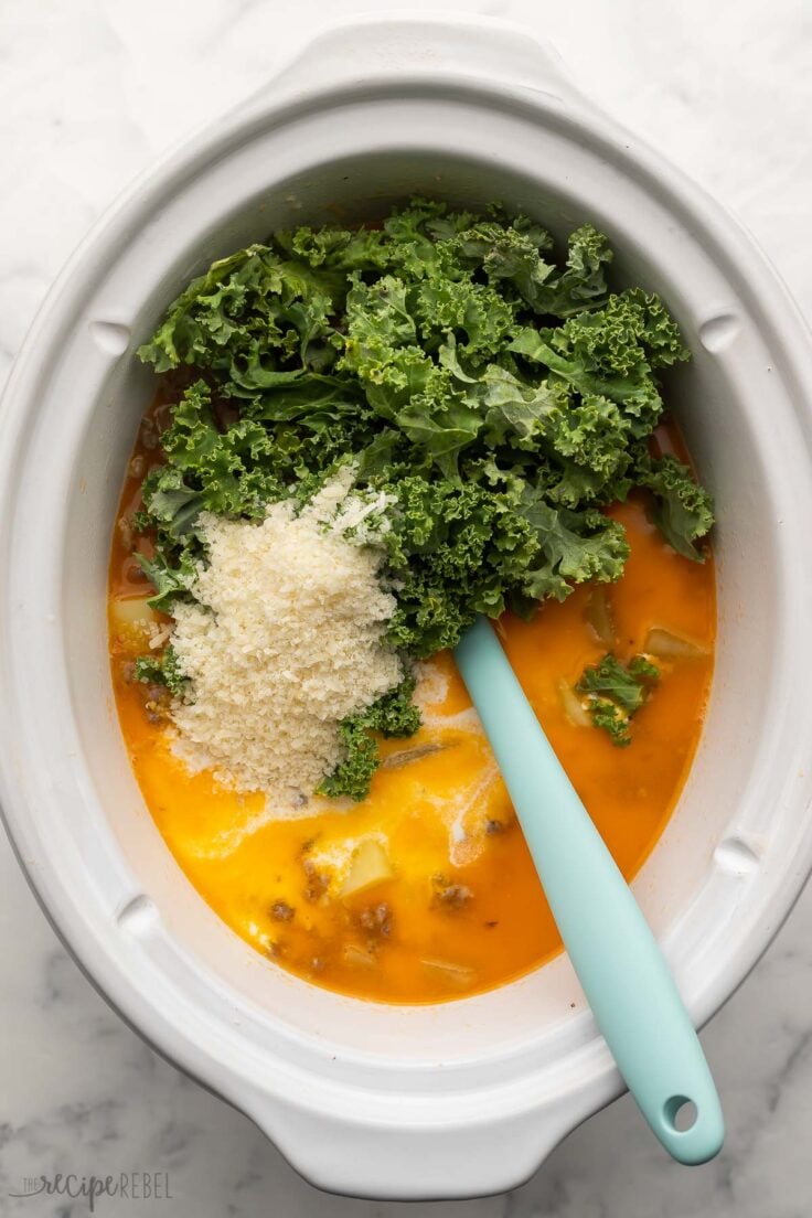 cream parmesan and kale added to crockpot zuppa toscana before serving.