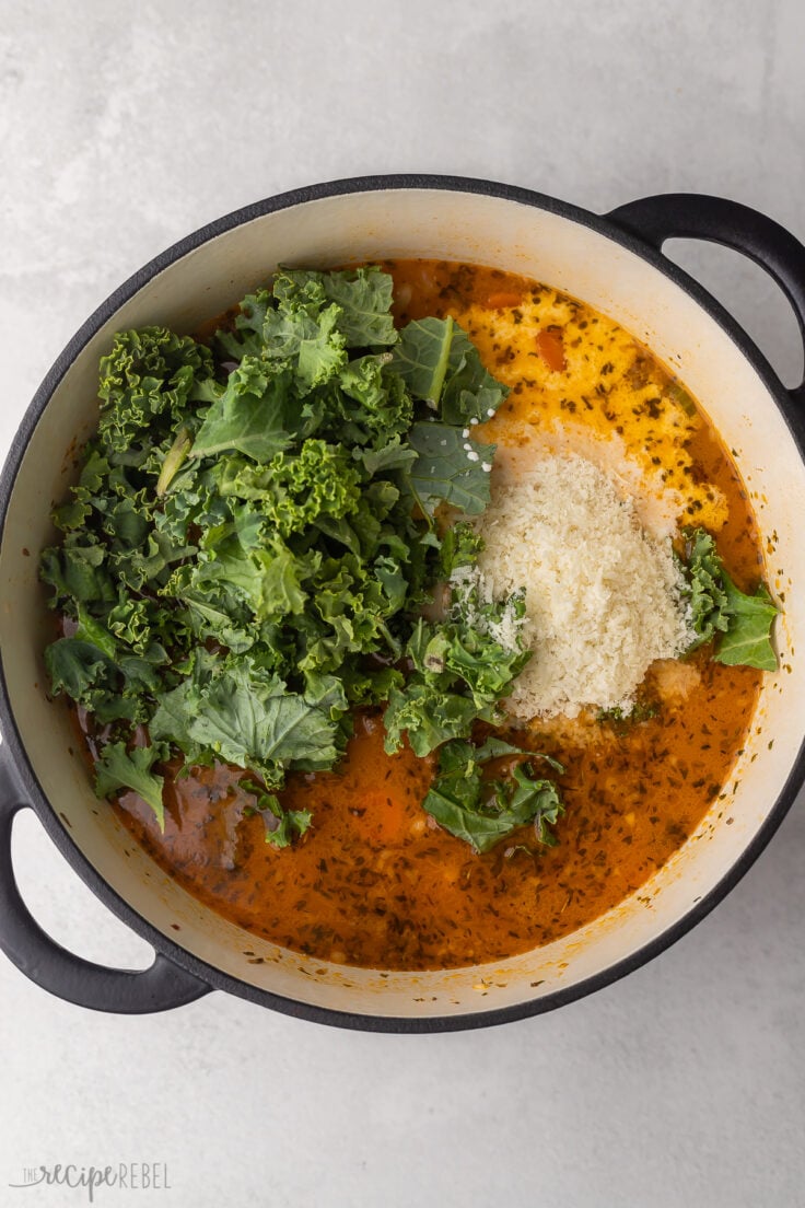 kale, cream and parmesan added to pot.