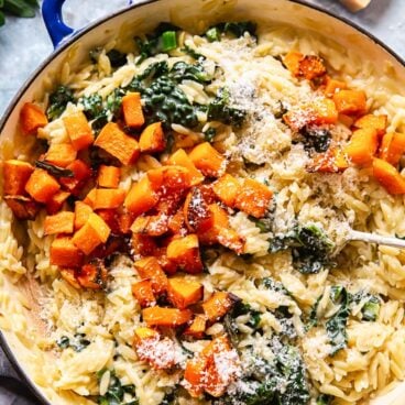 creamy orzo pasta with butternut squash in large skillet.