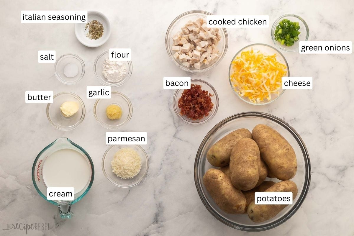 ingredients needed for chicken bacon alfredo potato skins.