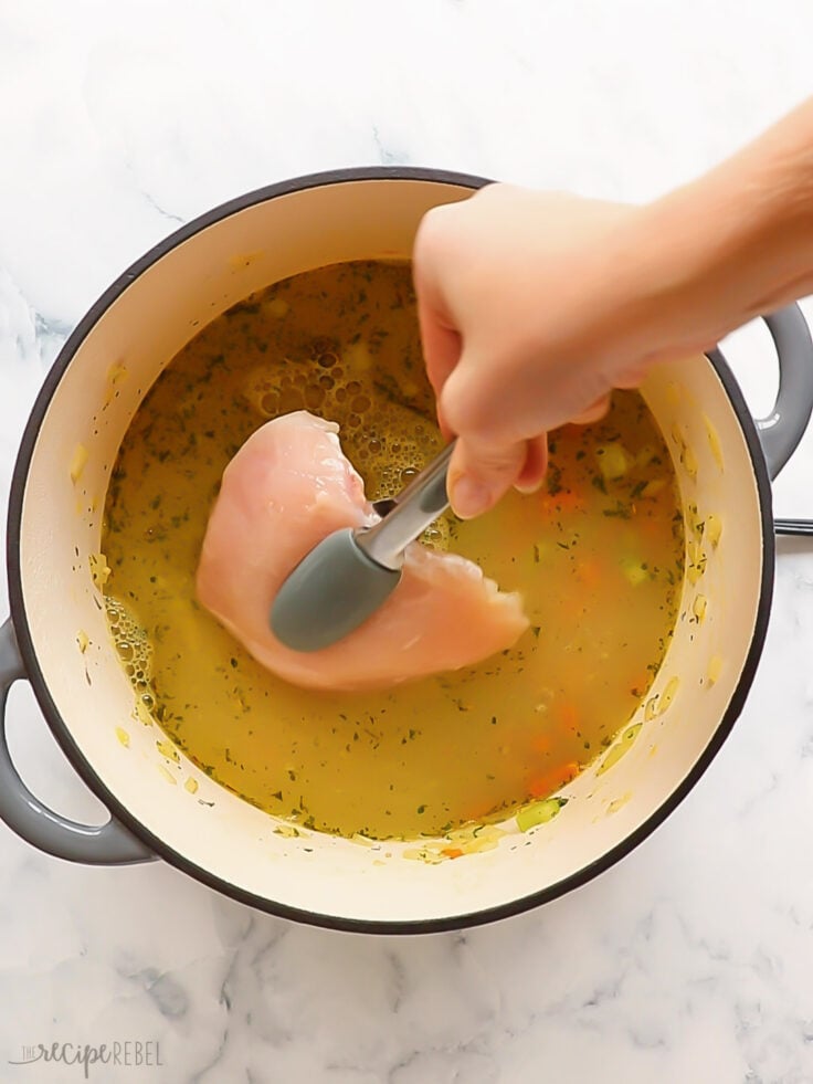 Chicken added to broth in pot.