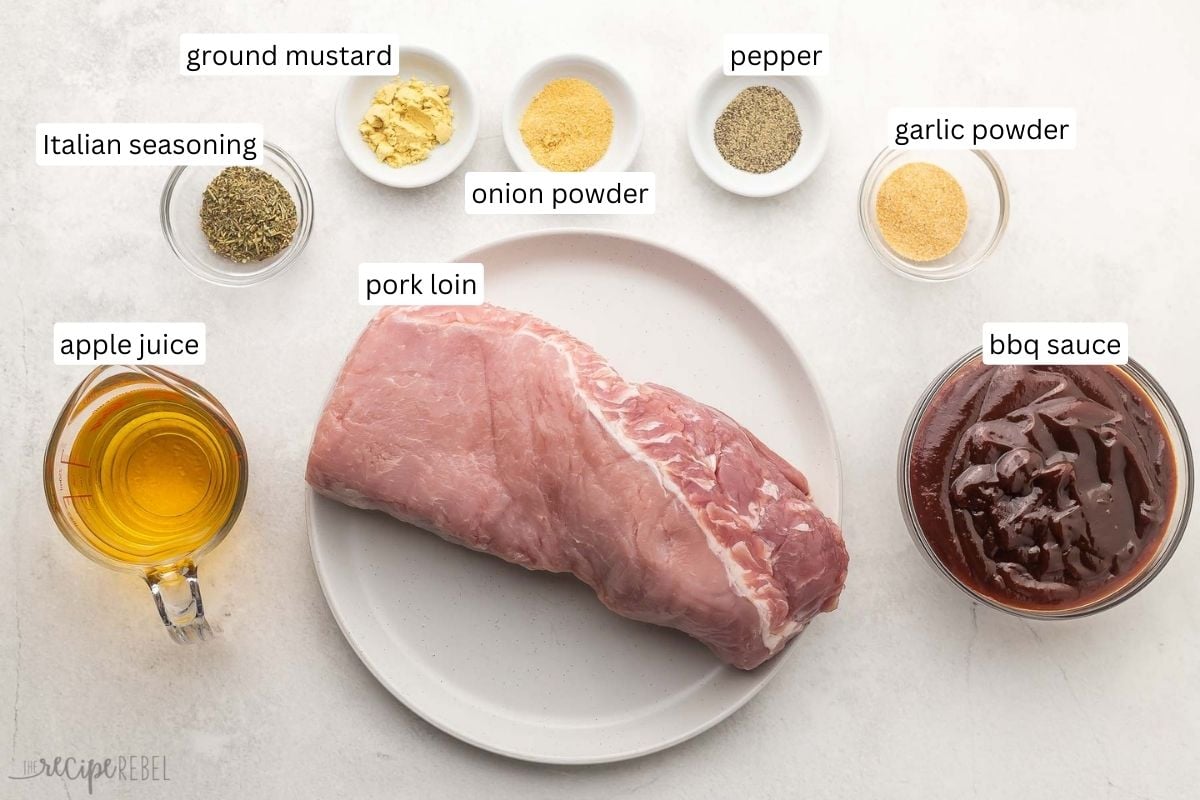 ingredients needed for crockpot pulled pork on grey surface.