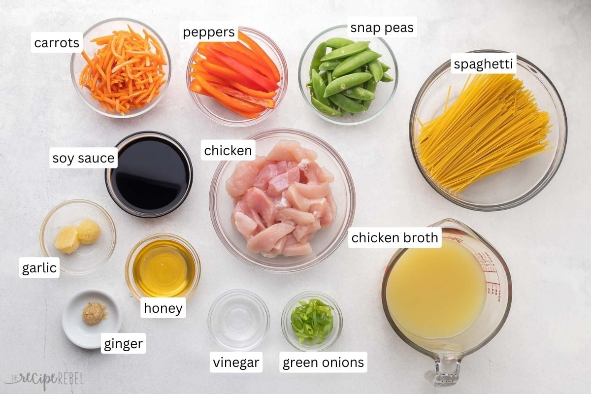 ingredients for one pan teriyaki chicken and noodles in glass bowls.