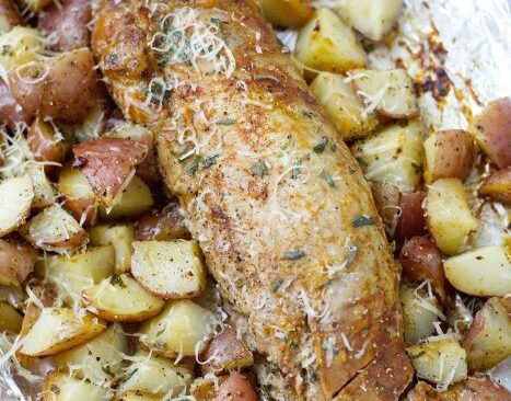 herb garlic pork tenderloin and potato foil packets.