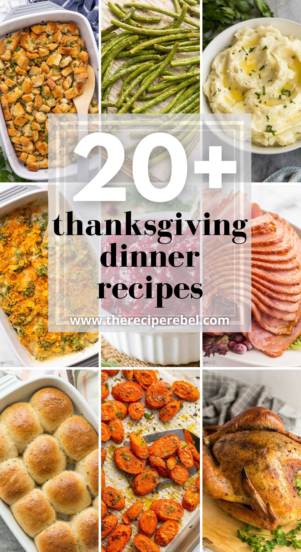 long collage with nine images of thanksgiving dinner ideas.
