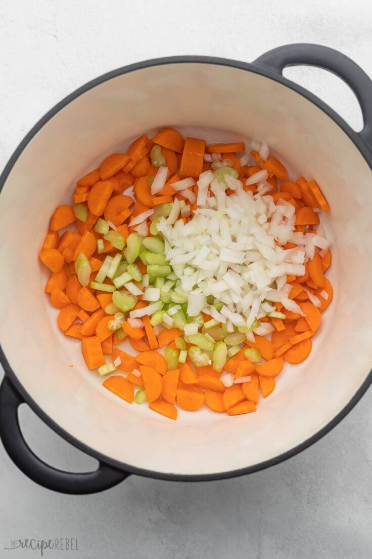 large pot filled with carrots, onion and celery.