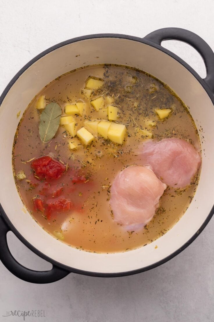chicken, potatoes and other ingredients added to soup pot.