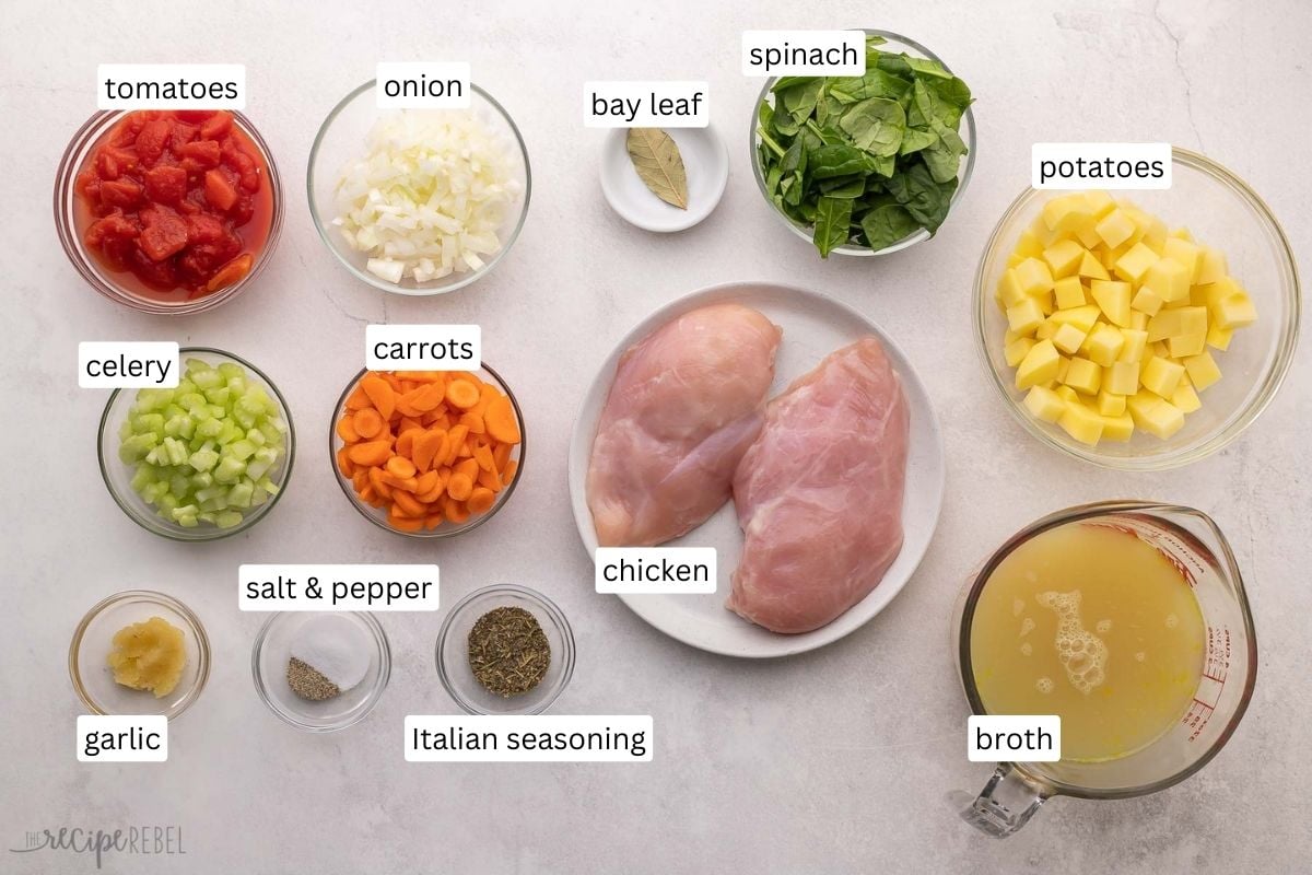 ingredients needed for chicken vegetable soup in bowls and plate.