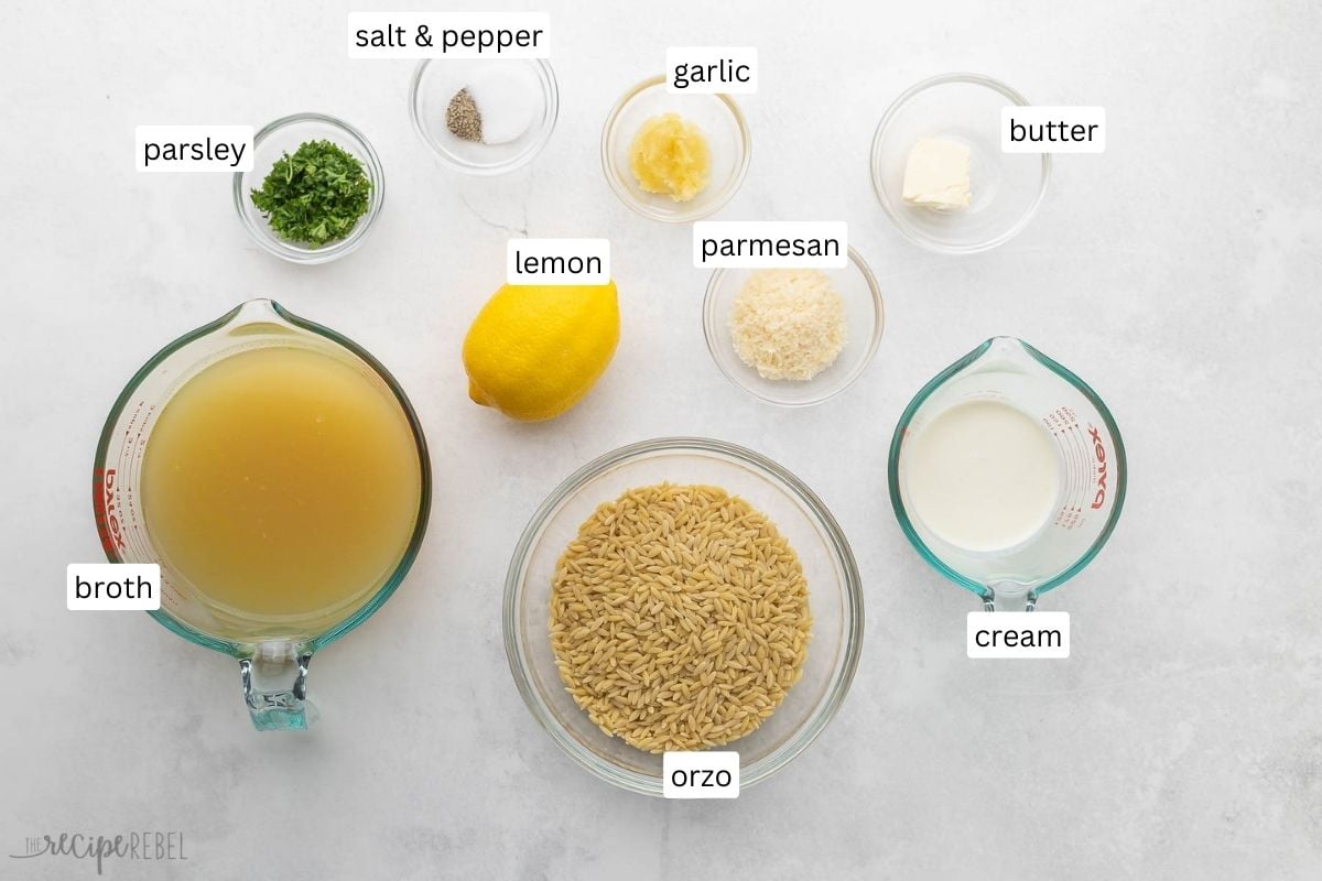 ingredients needed for lemon orzo pasta in glass bowls.