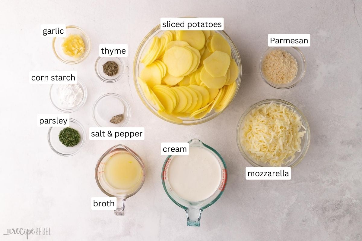 ingredients needed for crockpot scalloped potatoes in bowls.