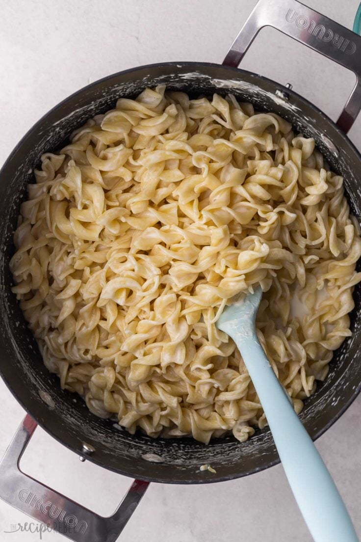 pasta and cream cheese sauce in black pot.