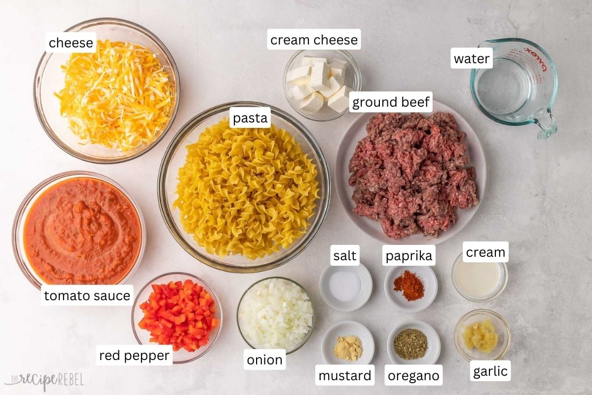 ingredients needed for ground beef casserole in bowls.