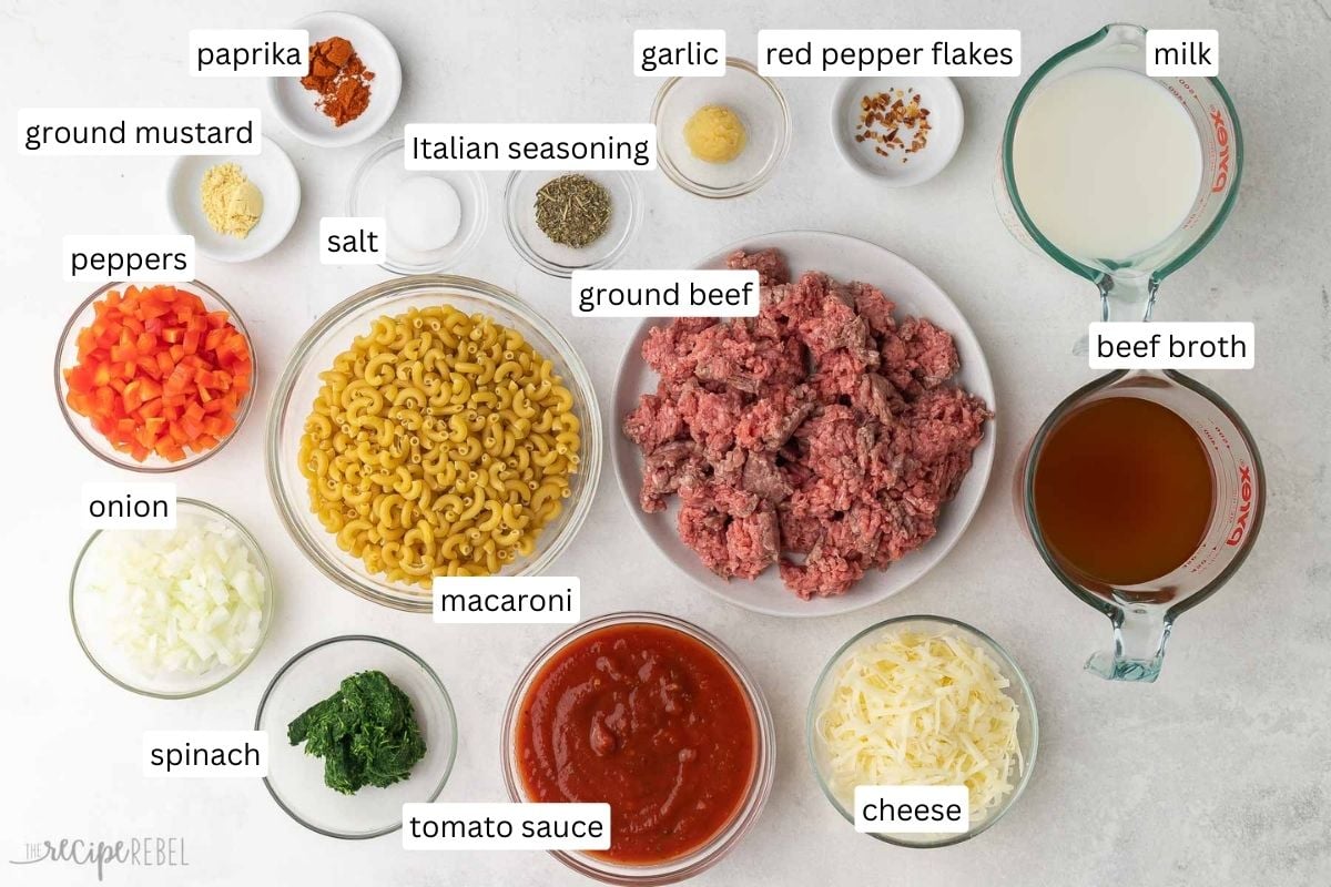 ingredients needed for homemade hamburger helper in bowls and on plate.