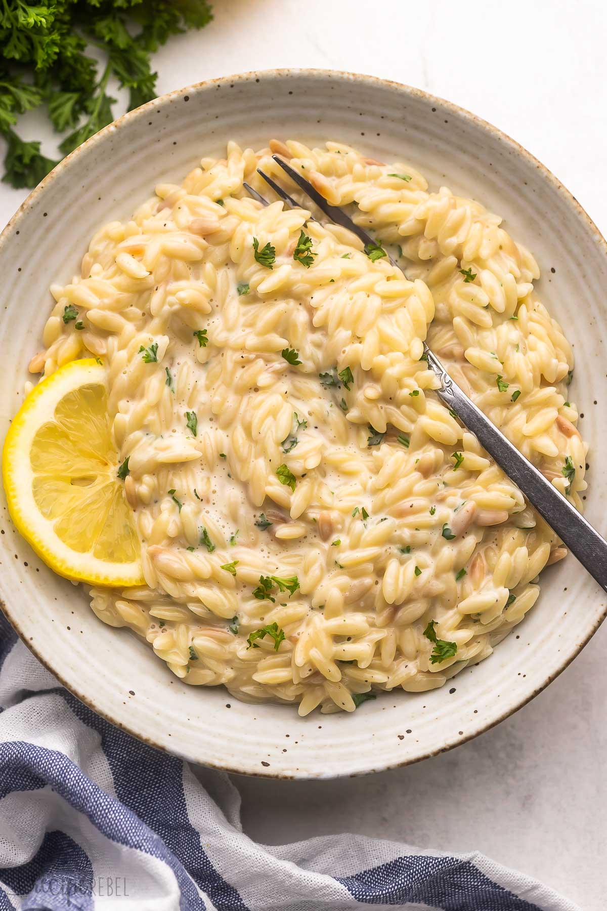 speckled bowl of lemon orzo with a slice of lemon on the side.