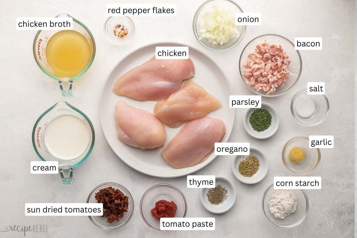 ingredients needed for marry me chicken in bowls and on plate.