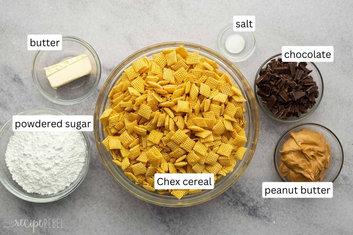ingredients needed for puppy chow on grey background.