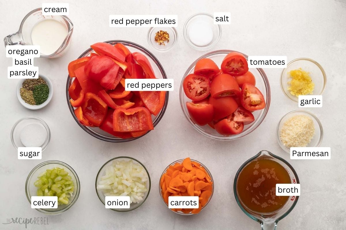 ingredients needed for roasted red pepper soup.