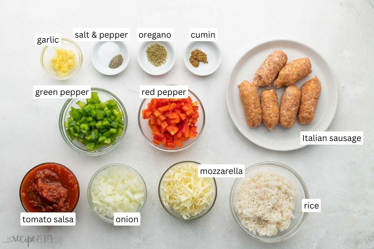 ingredients needed for stuffed pepper casserole in bowls and plate.