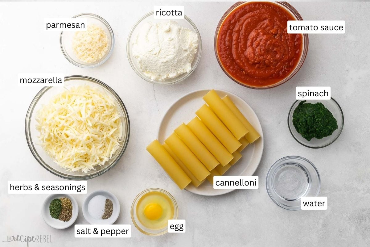 ingredients needed for three cheese cannelloni in bowls and plate.