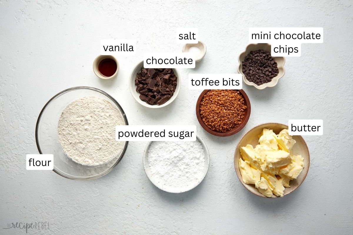 ingredients needed to make toffee shortbread cookies.