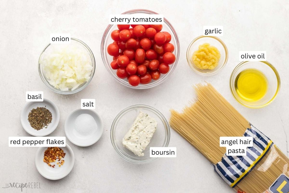 ingredients needed angel hair pasta in glass bowls.